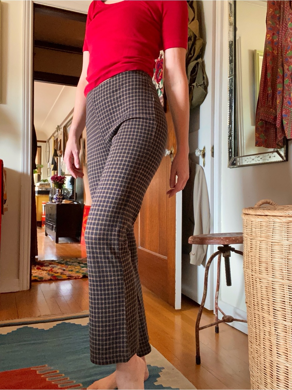Retro High-Rise Plaid Flare Pants - Brown